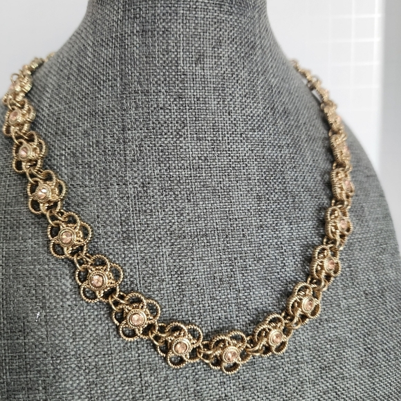 Goldtone Filigree Flower Necklace w/  Rhinestone Centers - Picture 9 of 9